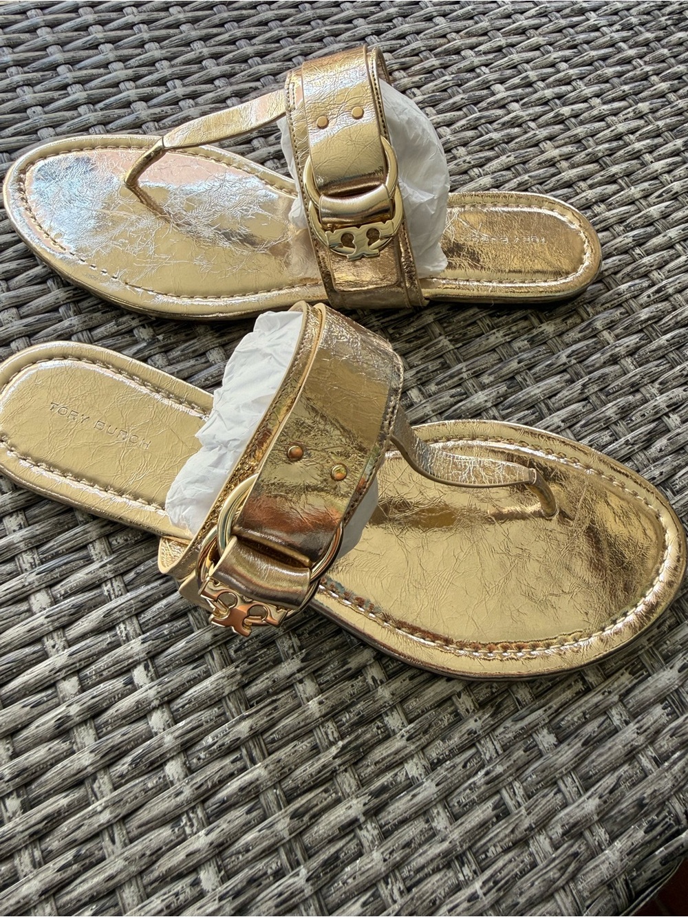 Tory Burch Gold Metallic Leather Thong Sandals with Logo Buckle